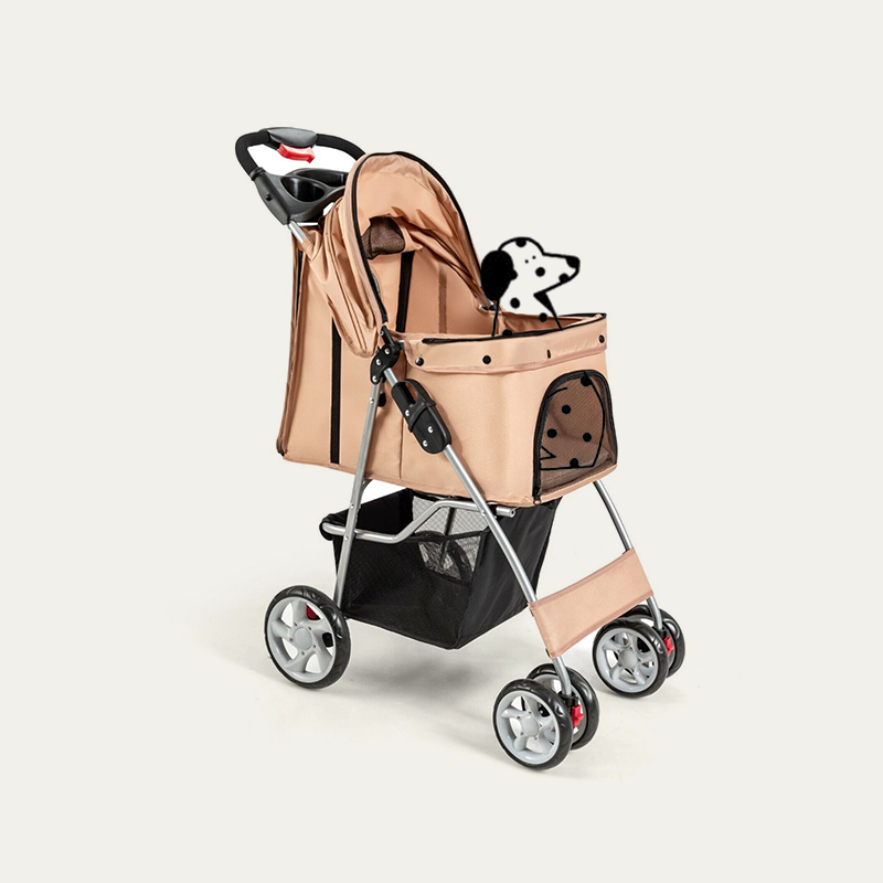 4-Wheel Folding Pet Stroller with Storage Basket and Adjustable Canopy