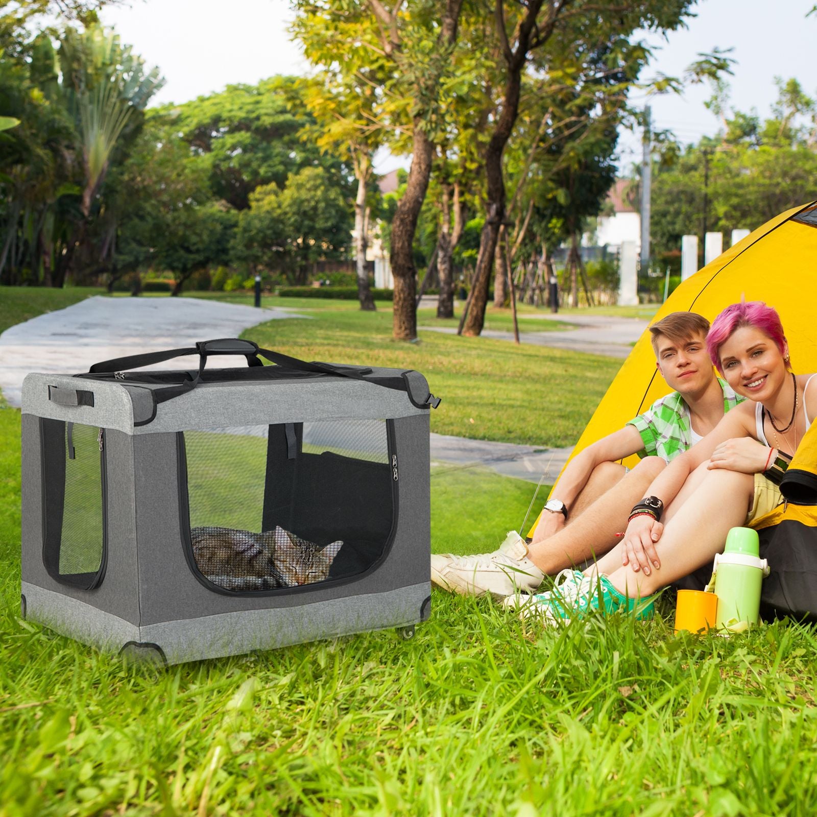 3-Door Folding Cat Carrier with Wheels and Removable Mat